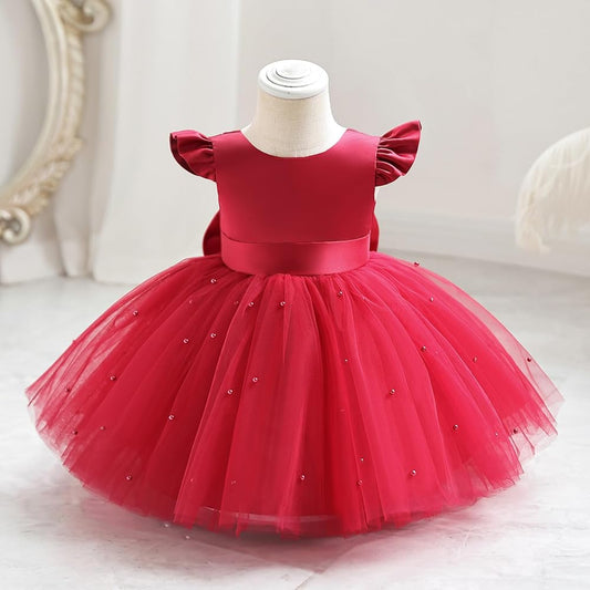 Baby Red Puff Sleeve Party Wear Frock