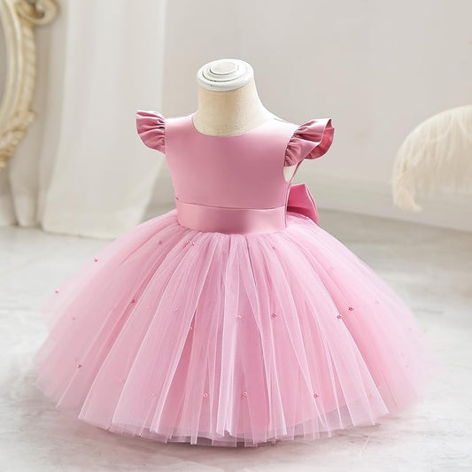 Baby Tea Pink Puff Sleeve Party Wear Frock