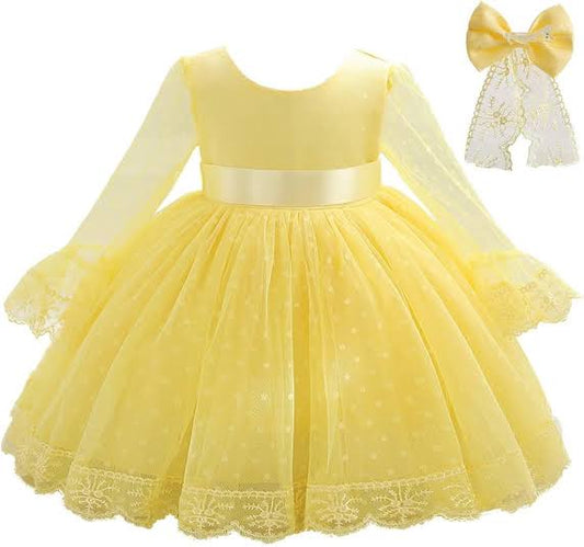 Yellow Bow Long  Sleeve Net  Frock