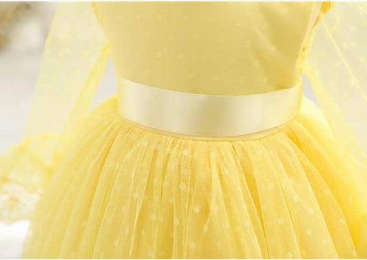 Yellow Bow Long  Sleeve Net  Frock