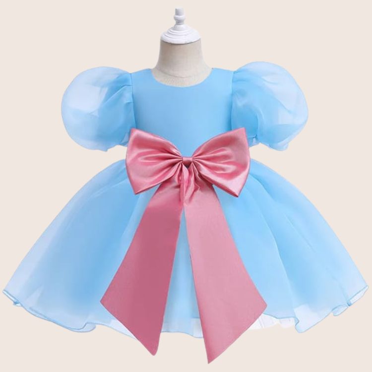 Baby Blue Puff Sleeves Frock With Pink Bow
