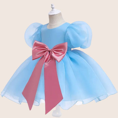 Baby Blue Puff Sleeves Frock With Pink Bow