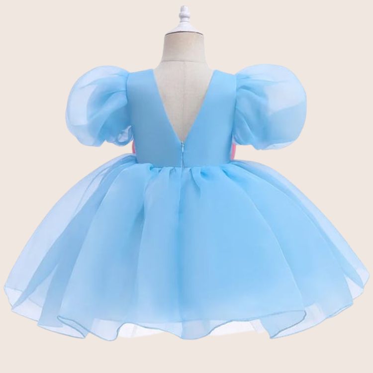 Baby Blue Puff Sleeves Frock With Pink Bow