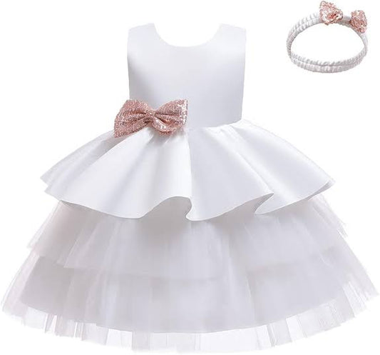 Baby White Multi Layer Princess Frock with Hairband